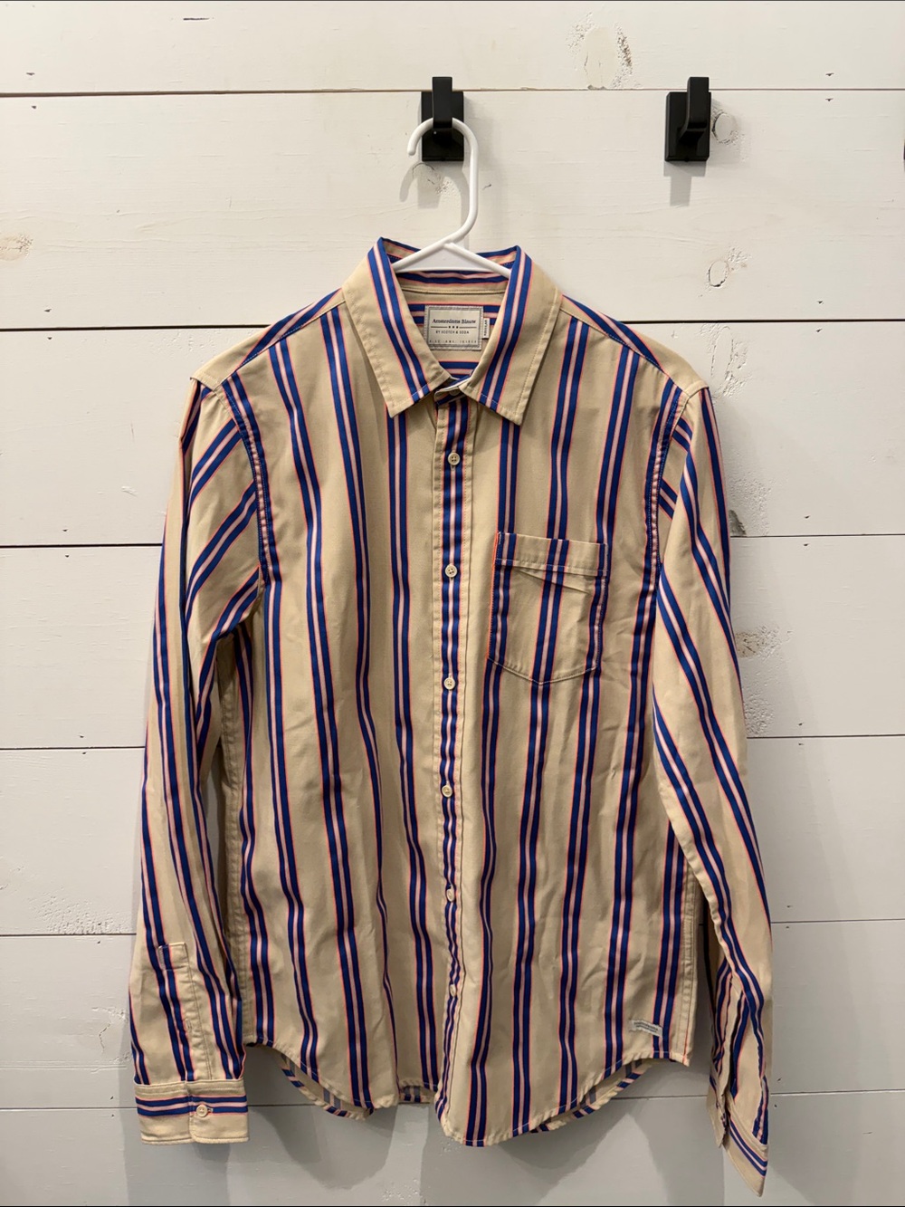 Scotch & Soda Beige Button-Down Shirt with Blue & Orange Stripes